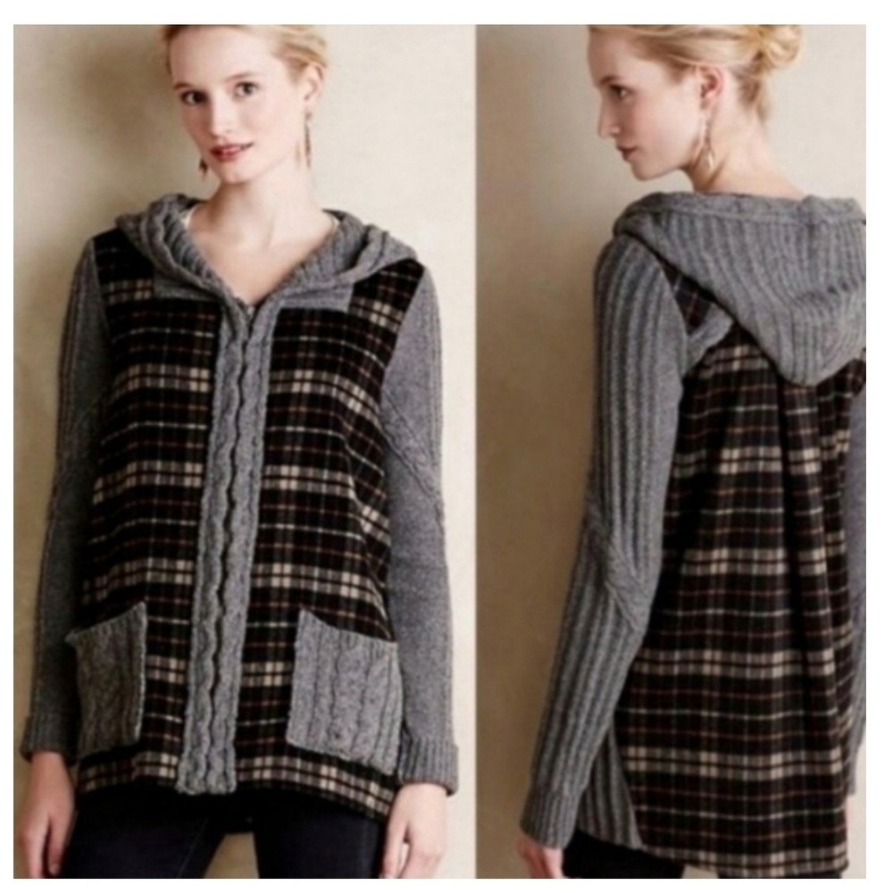 Moth‎ Anthropologie Hooded Cardigan Womens Large Grey Plaid Wool Blend Excellent